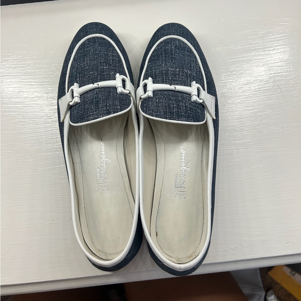 Ferragamo Women's Blue and White Slip-On Loafers Size 7.5